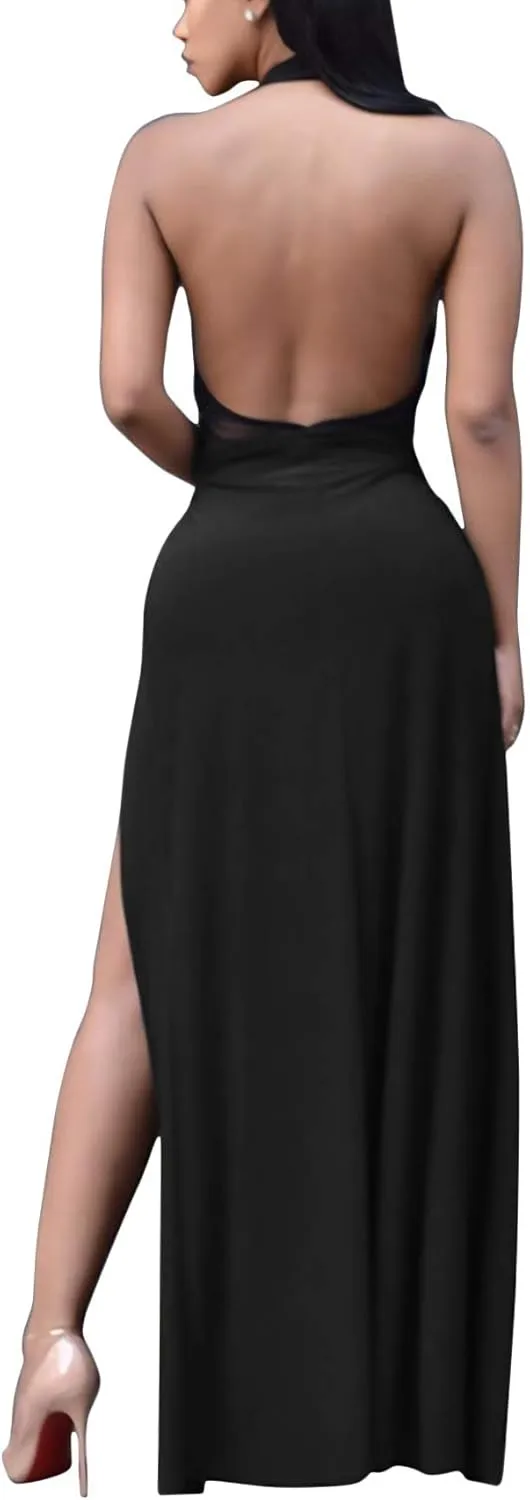 Velius Women Sexy Hollow Out Halter Wrap Sleeveless Plain Pleated Slit Casual Long Maxi Dress