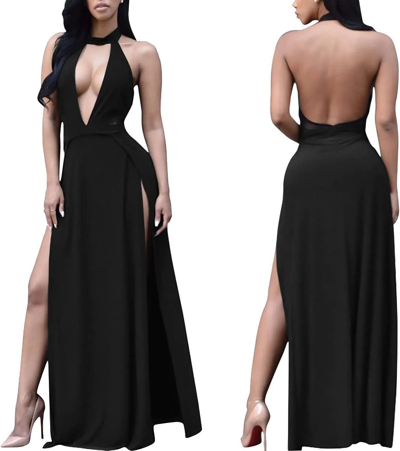 Velius Women Sexy Hollow Out Halter Wrap Sleeveless Plain Pleated Slit Casual Long Maxi Dress