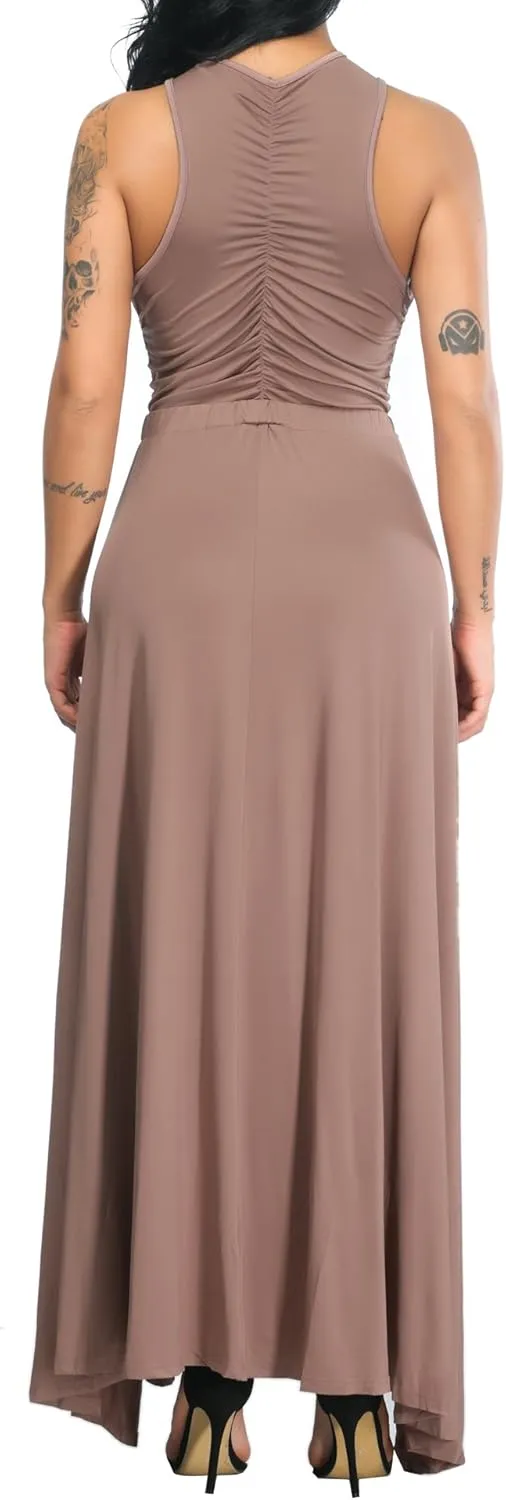 Velius Women Sexy Hollow Out Halter Wrap Sleeveless Plain Pleated Slit Casual Long Maxi Dress