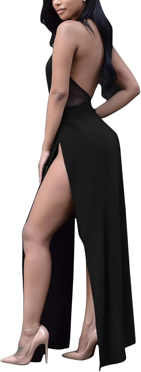 Velius Women Sexy Hollow Out Halter Wrap Sleeveless Plain Pleated Slit Casual Long Maxi Dress