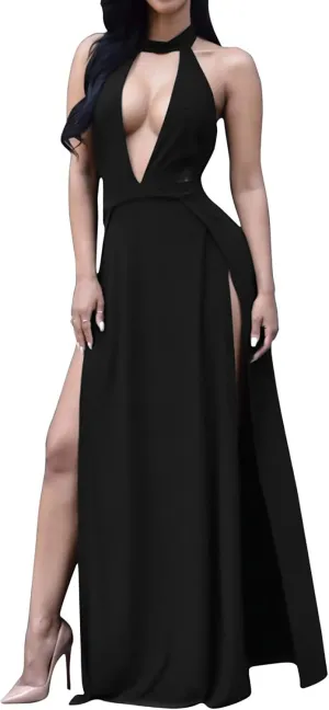 Velius Women Sexy Hollow Out Halter Wrap Sleeveless Plain Pleated Slit Casual Long Maxi Dress