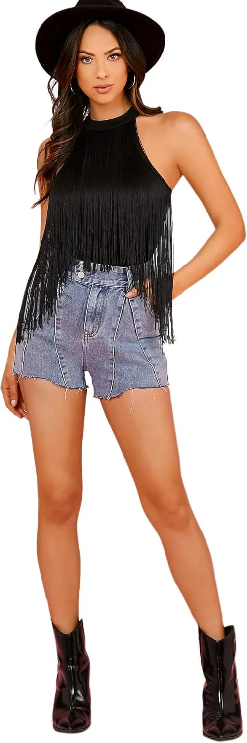 Verdusa Women's Fringe Trim Sleeveless Bodycon Halter Bodysuit Top