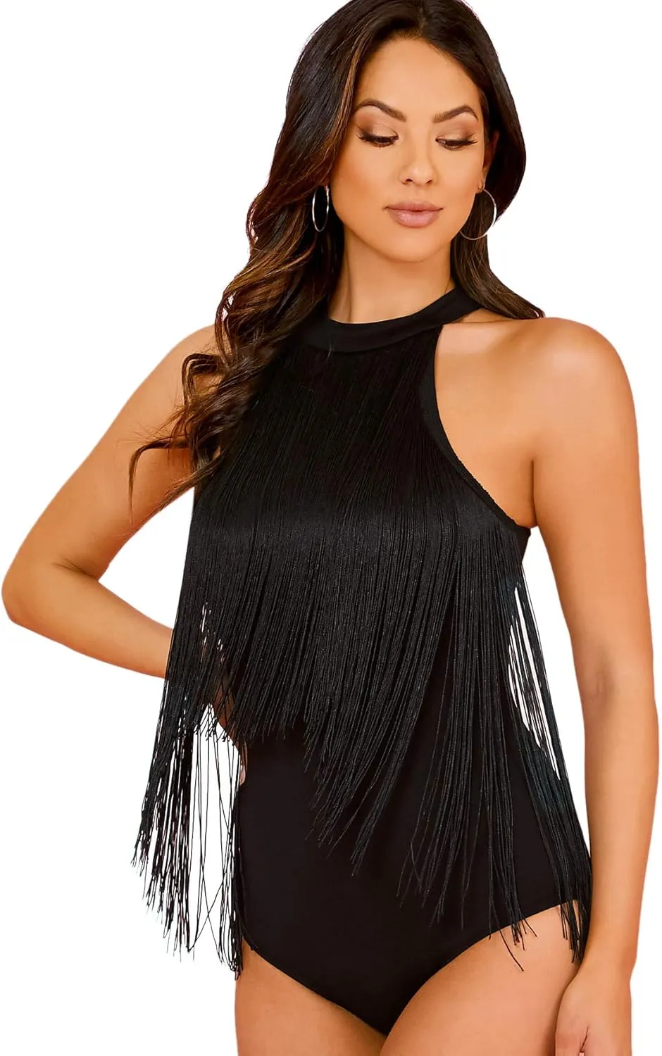 Verdusa Women's Fringe Trim Sleeveless Bodycon Halter Bodysuit Top