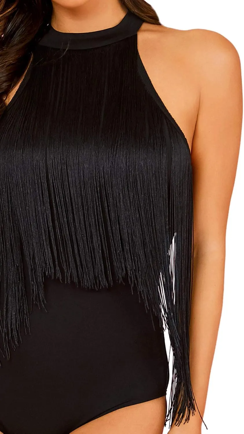 Verdusa Women's Fringe Trim Sleeveless Bodycon Halter Bodysuit Top