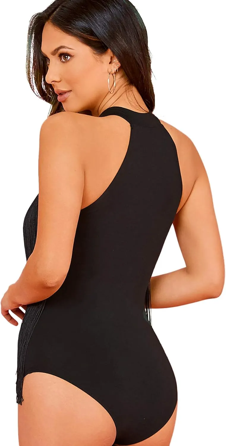 Verdusa Women's Fringe Trim Sleeveless Bodycon Halter Bodysuit Top