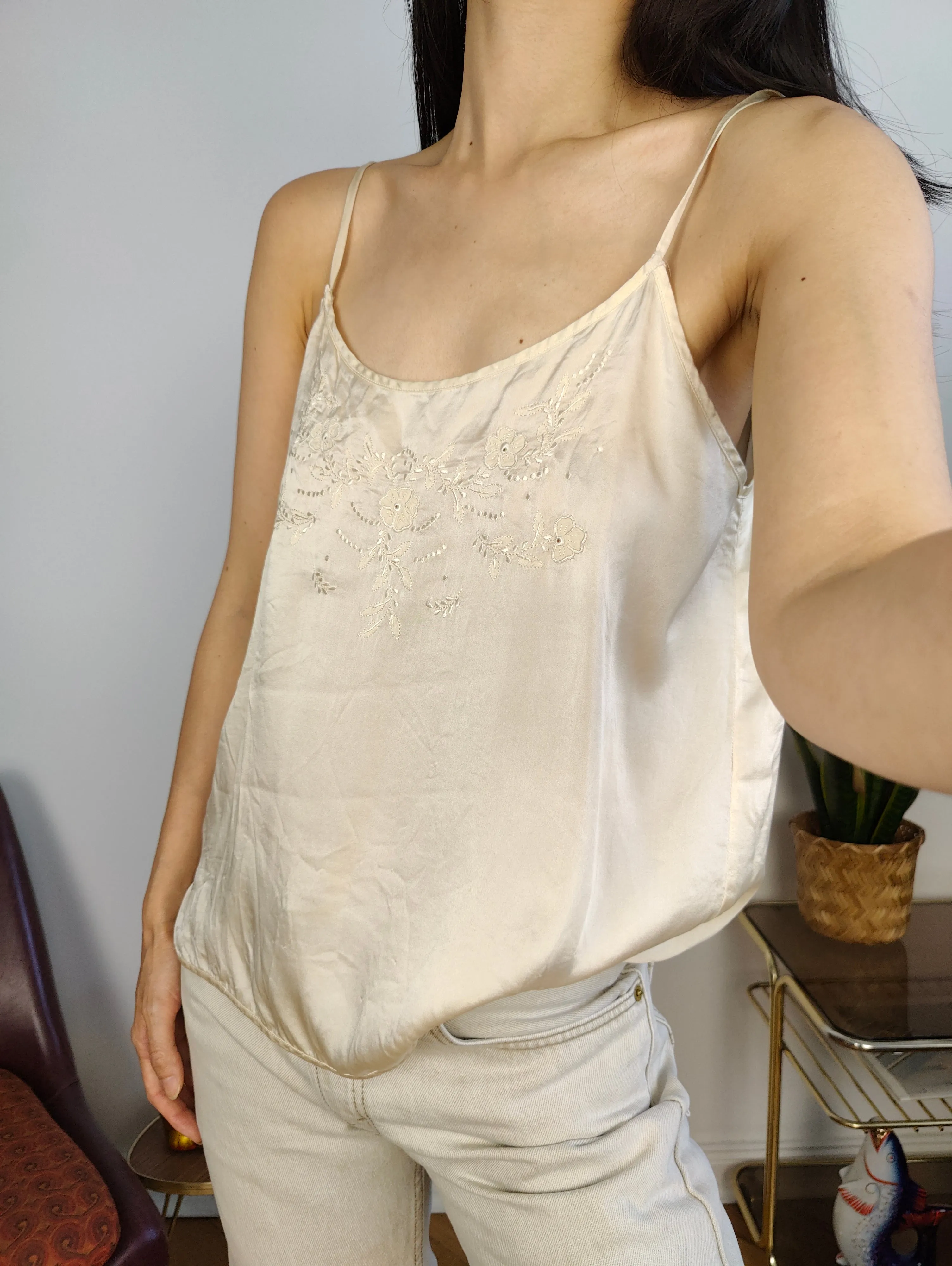 Vintage 100% silk embroidery spaghetti strap top off white ecru beige M-L