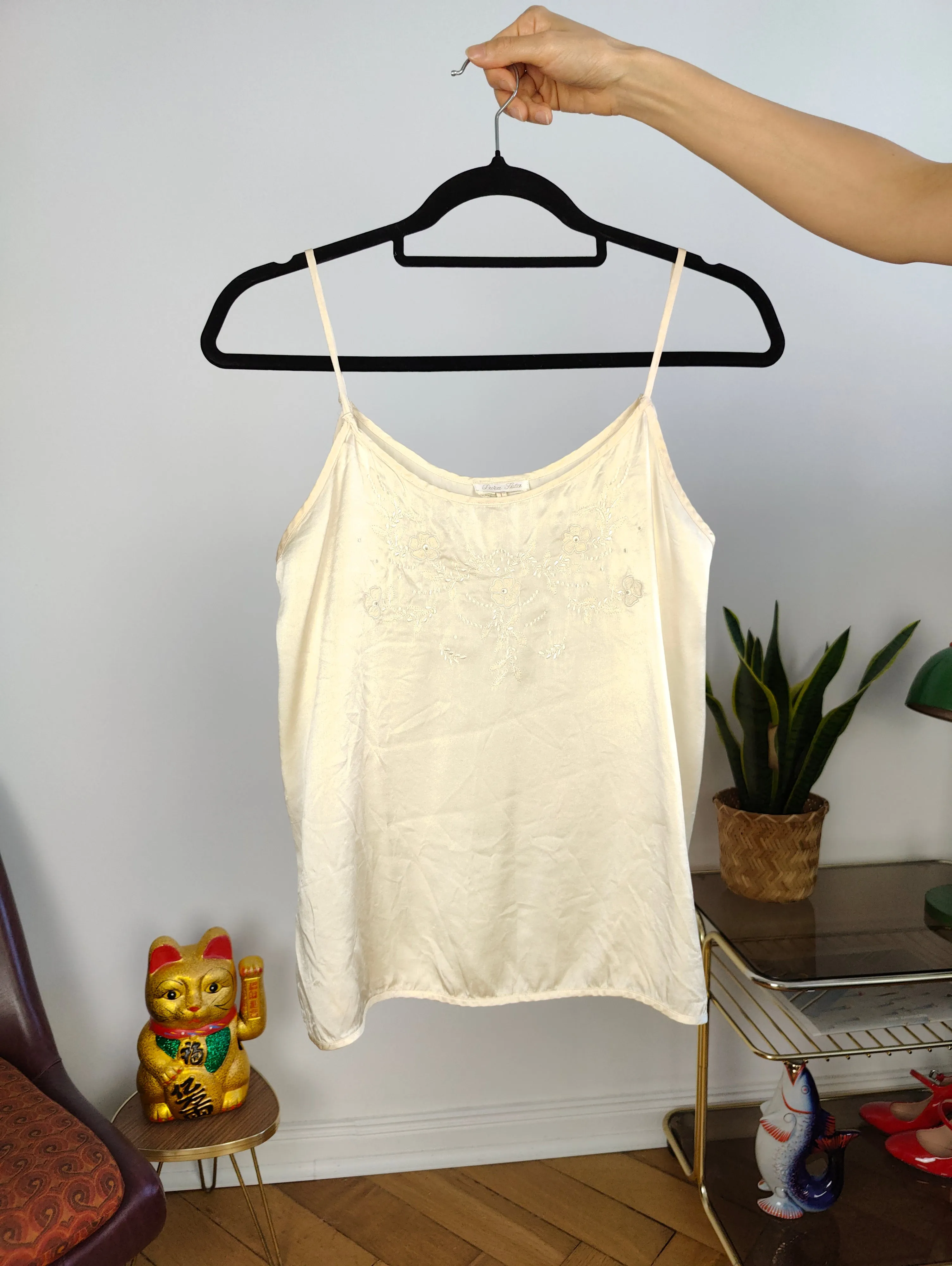 Vintage 100% silk embroidery spaghetti strap top off white ecru beige M-L