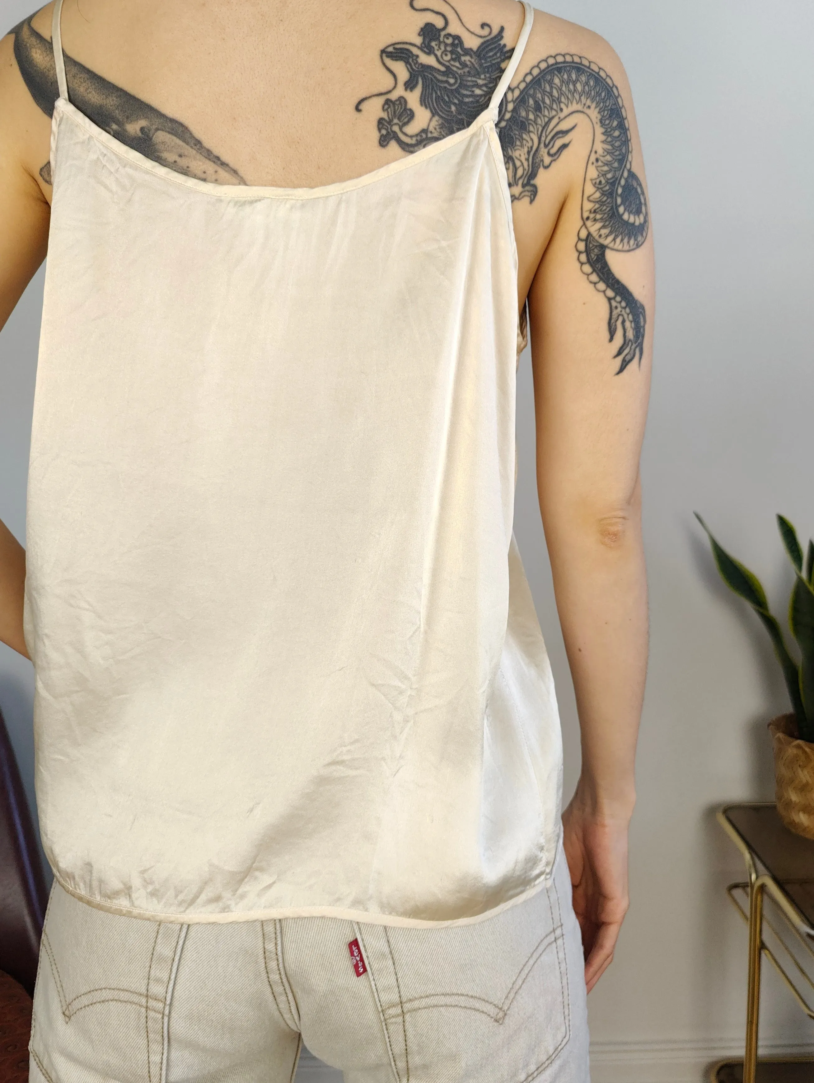 Vintage 100% silk embroidery spaghetti strap top off white ecru beige M-L