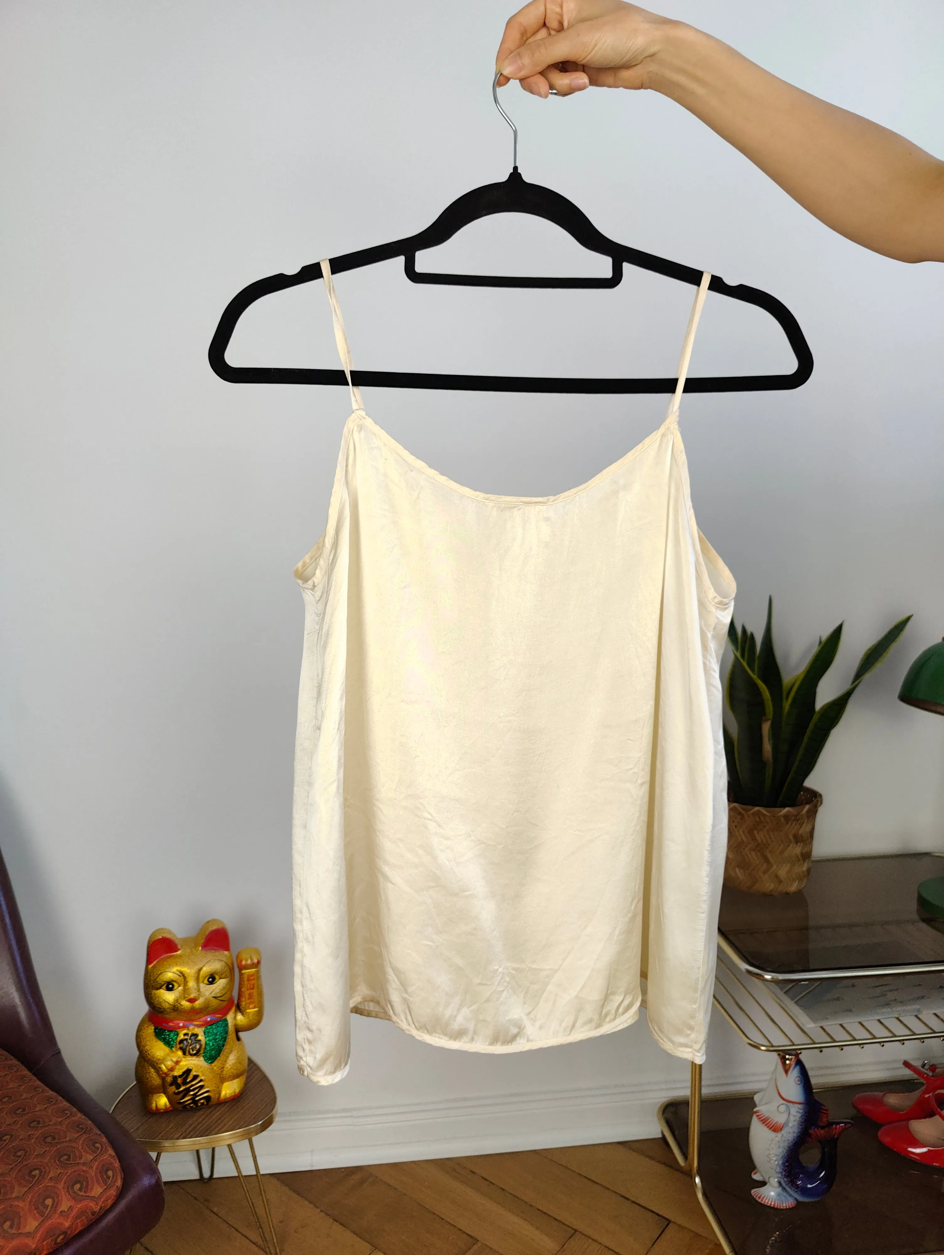 Vintage 100% silk embroidery spaghetti strap top off white ecru beige M-L