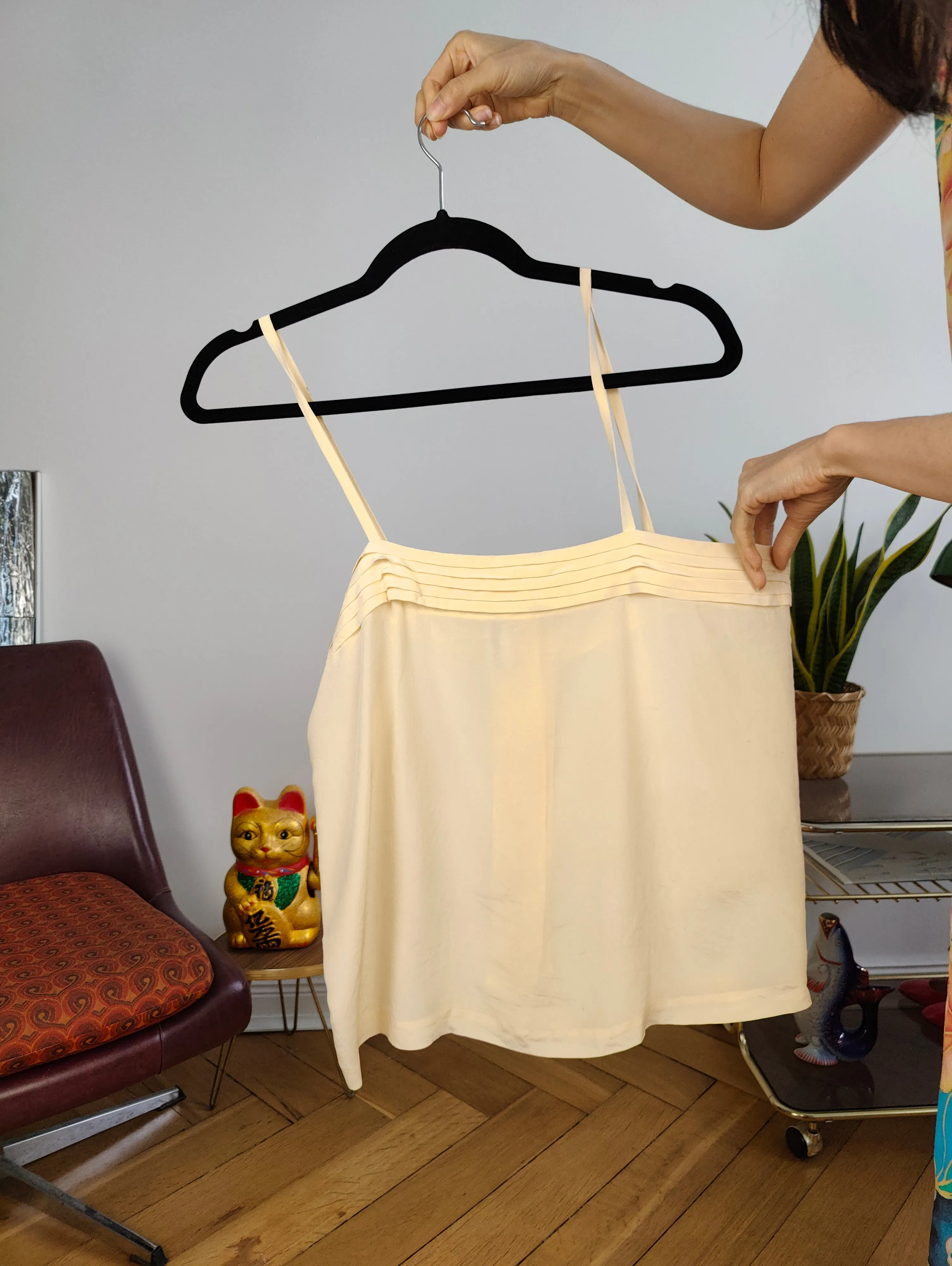 Vintage silk spaghetti strap top button up off white ecru beige M-L