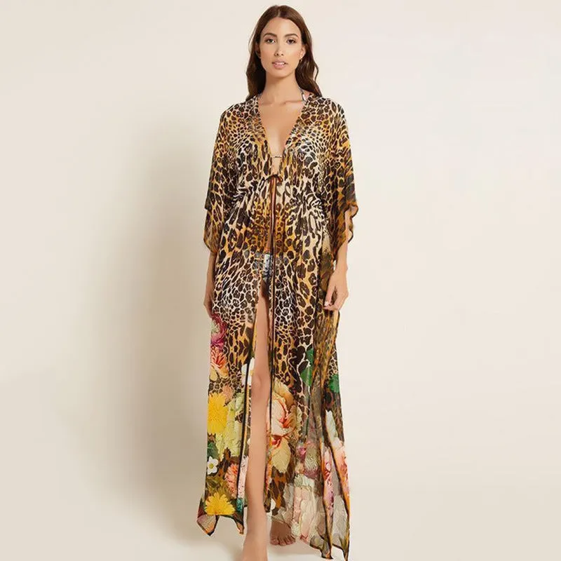 Wildflower Leopard Chiffon Loose Maxi Cover Up