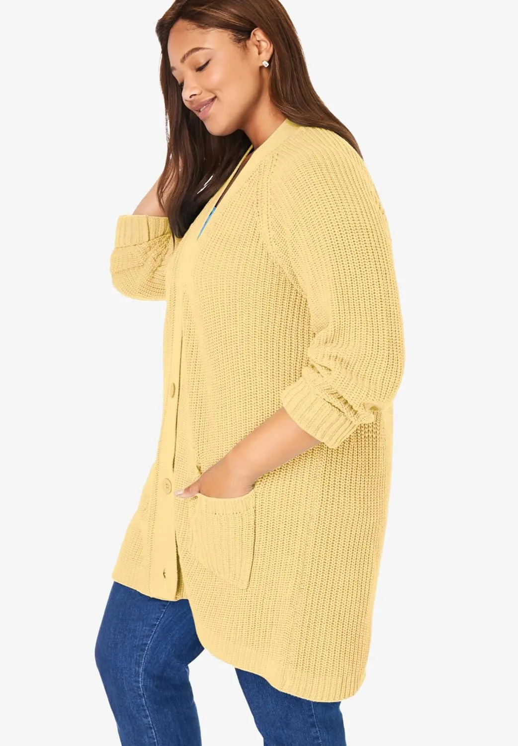 Woman Within Plus Size Button-Front Shaker Cardigan