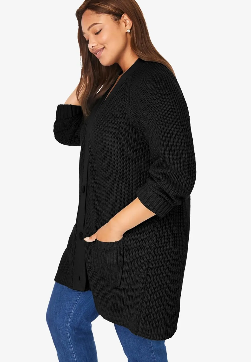 Woman Within Plus Size Button-Front Shaker Cardigan