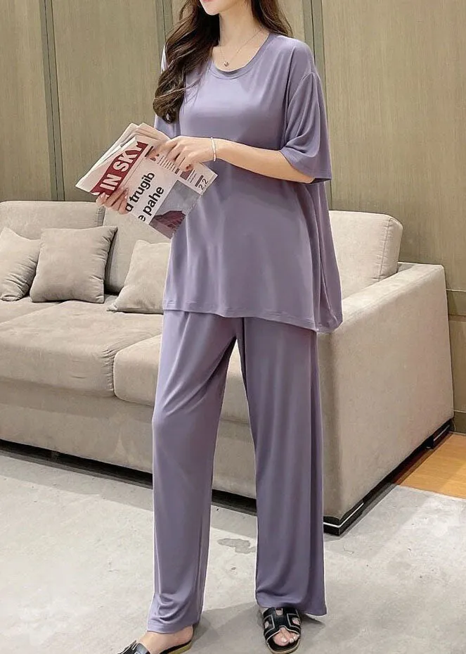 Women Purple O-Neck Patchwork Thin Cotton Two Piece Set Pajamas Short Sleeve