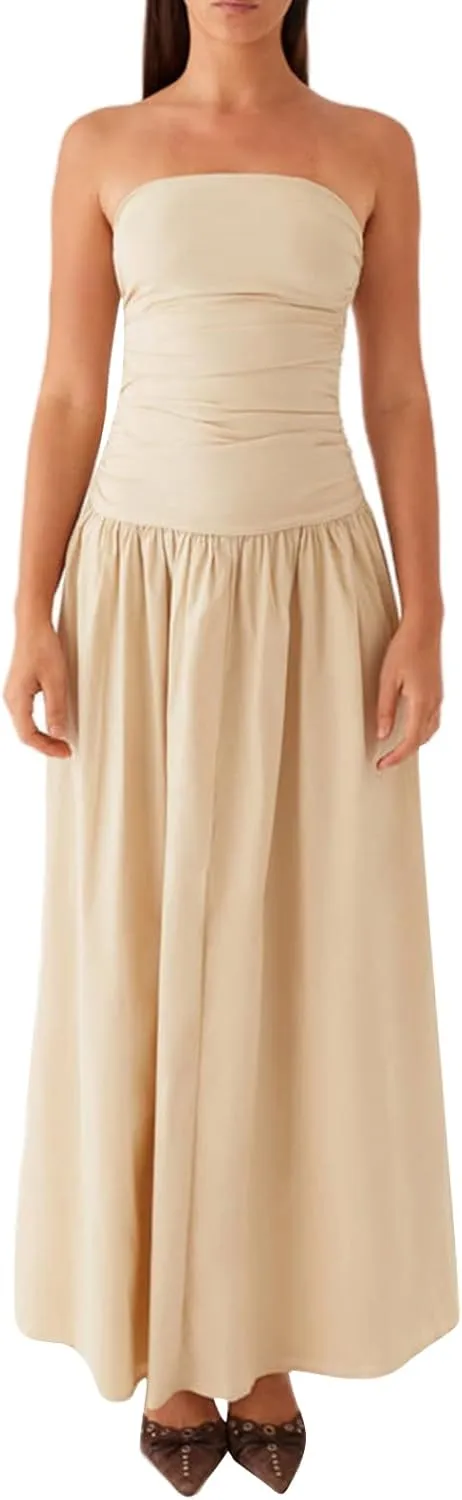 Women Summer Strapless Maxi Dress A Line Flowy Tube Top Dress Y2K Elegant Wedding Party Cocktail Long Dresses