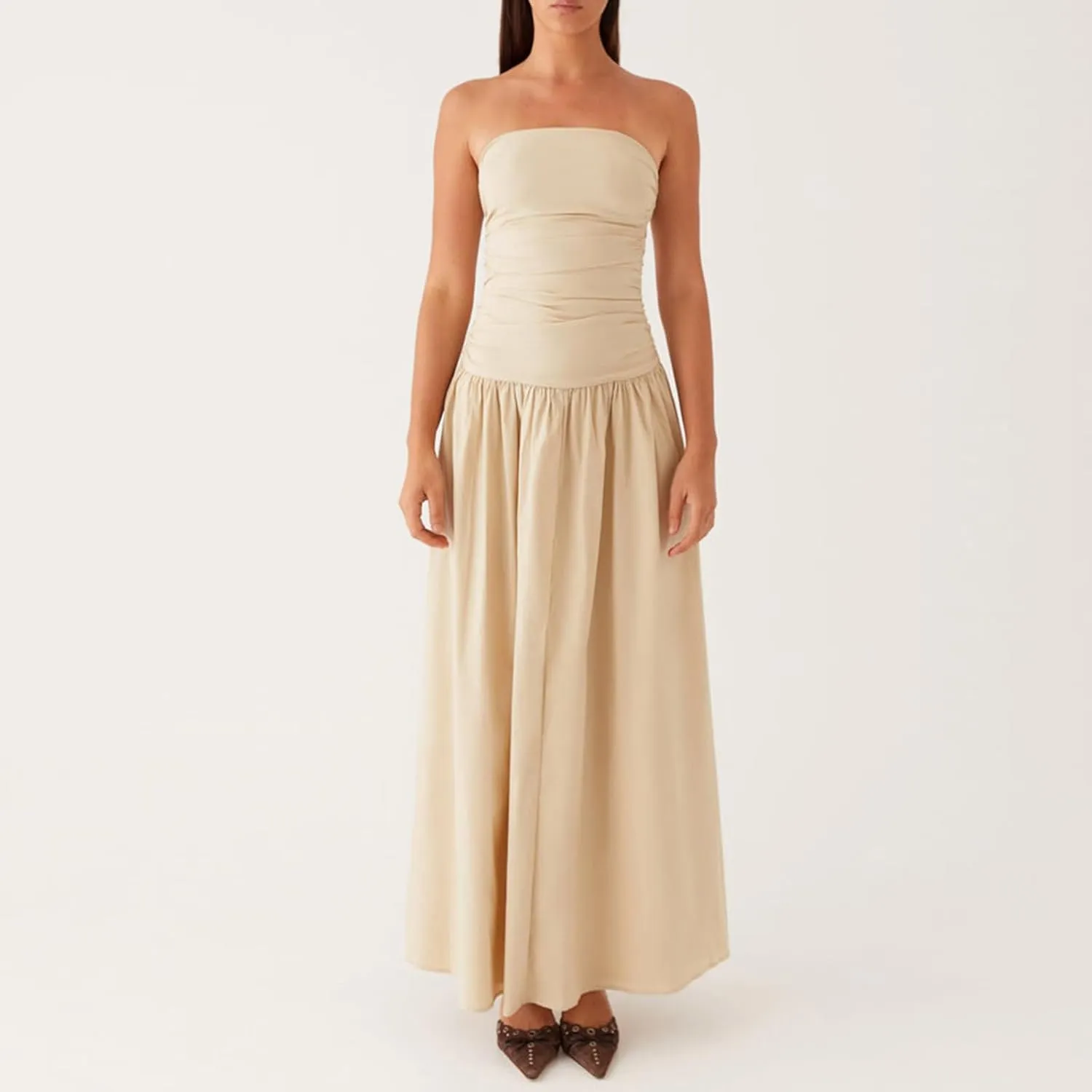 Women Summer Strapless Maxi Dress A Line Flowy Tube Top Dress Y2K Elegant Wedding Party Cocktail Long Dresses
