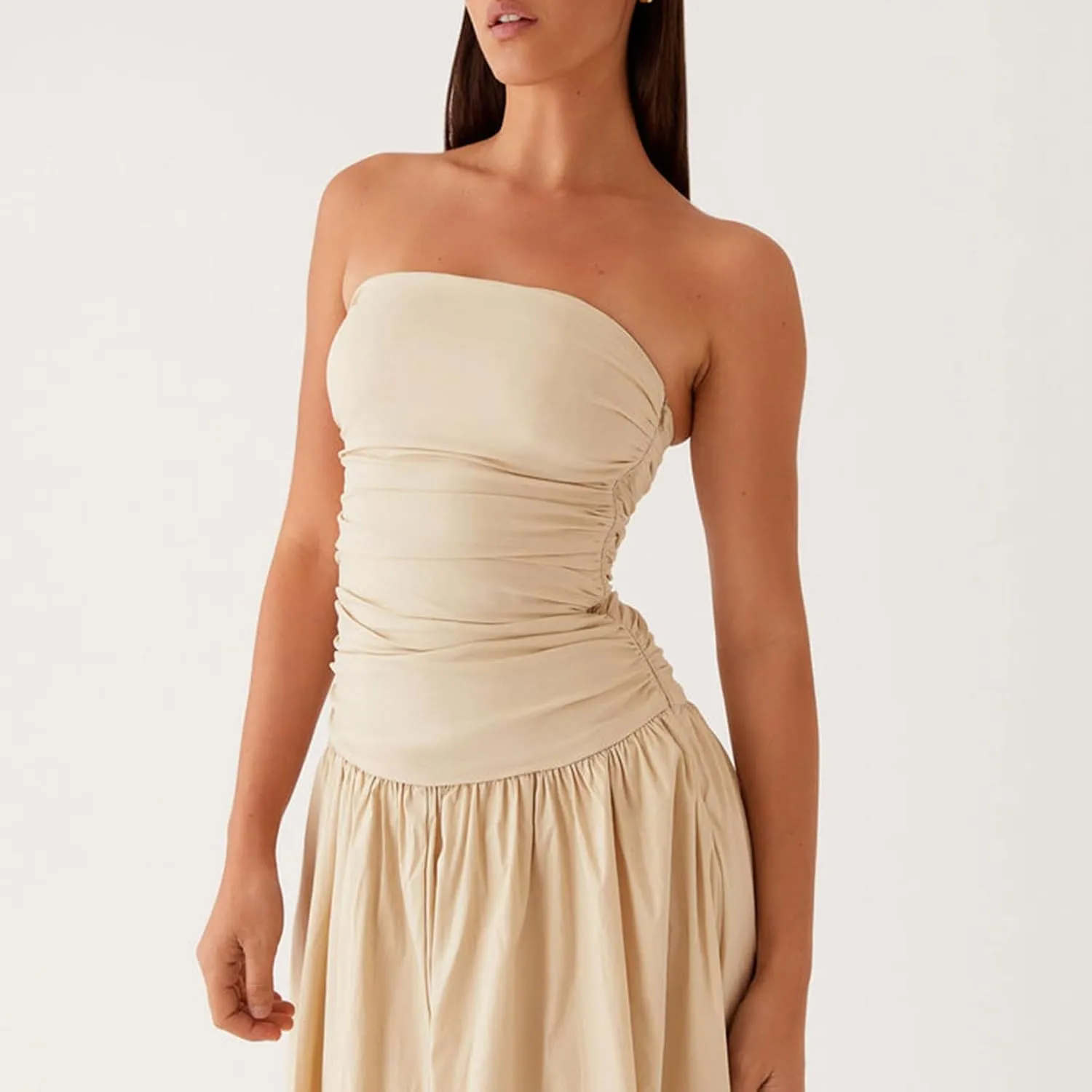 Women Summer Strapless Maxi Dress A Line Flowy Tube Top Dress Y2K Elegant Wedding Party Cocktail Long Dresses