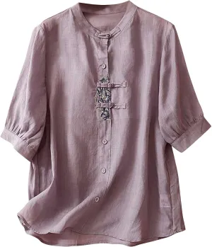 Women's Cotton Linen Shirts Chinese Frog Button Blouses Mandarin Collar Tops Embroidered Half Sleeve Loose Fit Blouse
