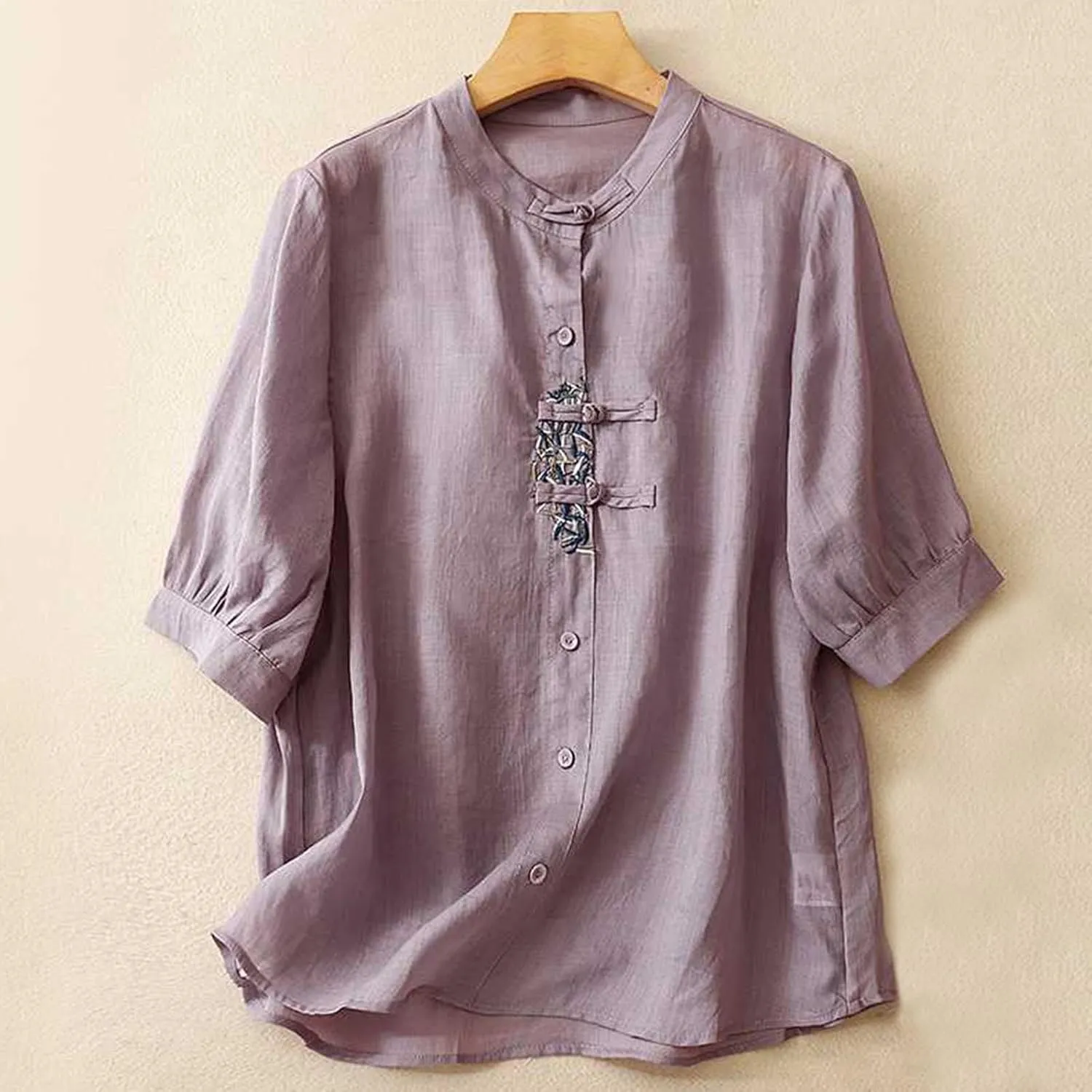 Women's Cotton Linen Shirts Chinese Frog Button Blouses Mandarin Collar Tops Embroidered Half Sleeve Loose Fit Blouse