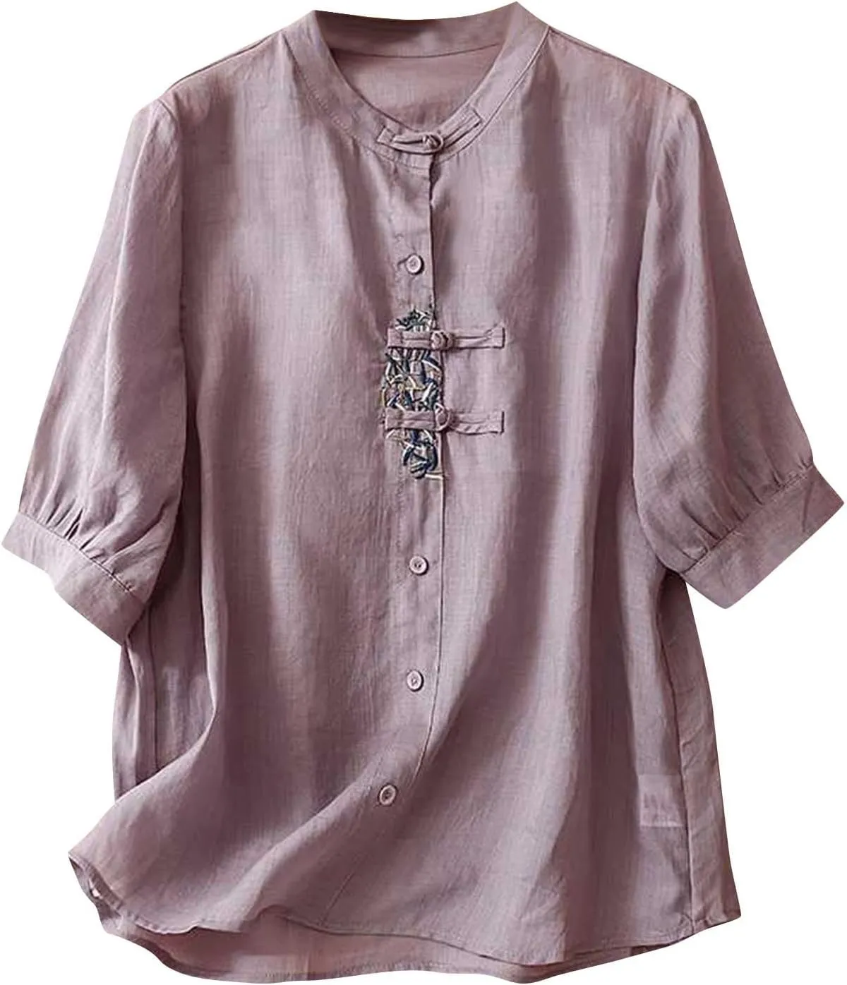 Women's Cotton Linen Shirts Chinese Frog Button Blouses Mandarin Collar Tops Embroidered Half Sleeve Loose Fit Blouse