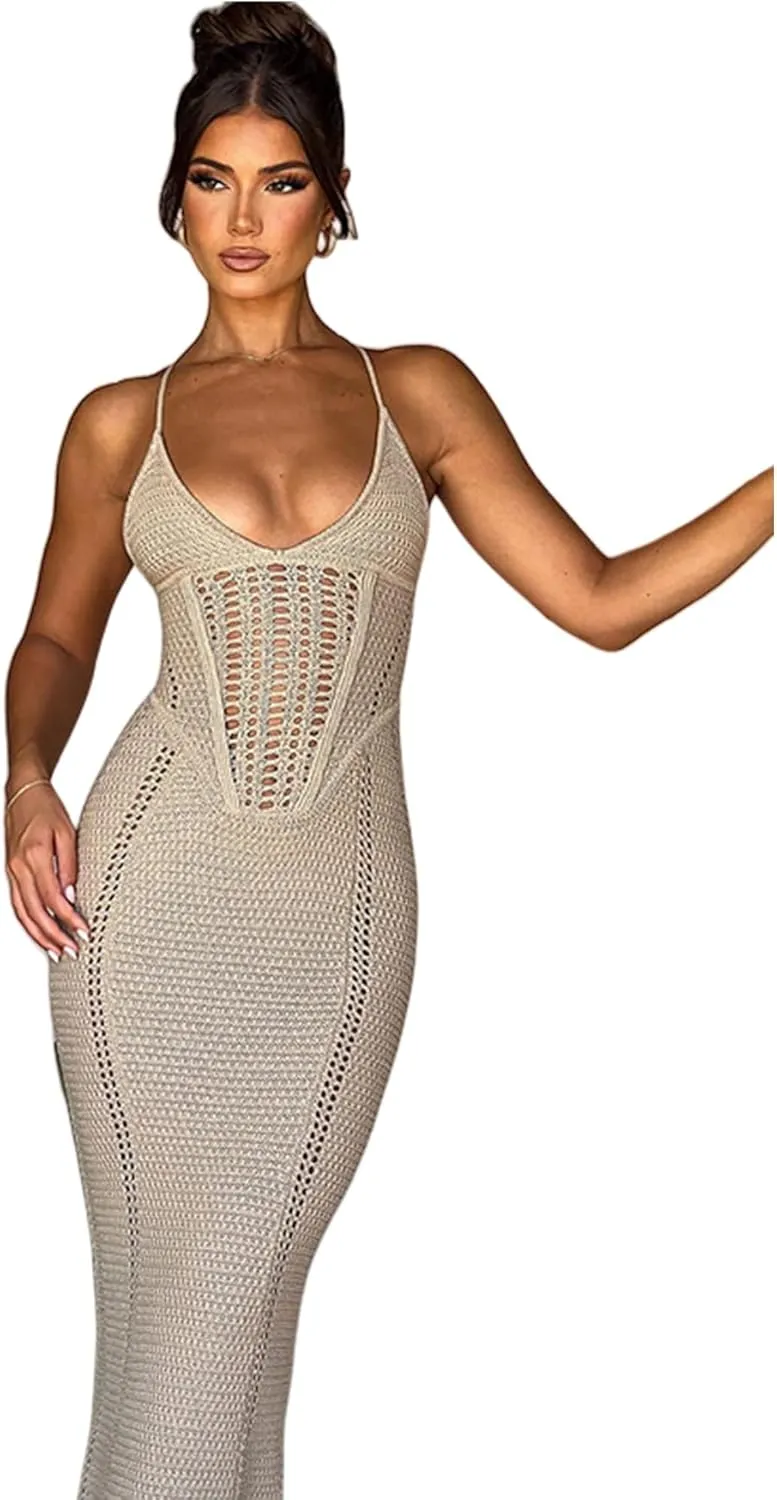 Women's Crochet Knitted Halter Maxi Dress Sexy Hollow Out V-Neck Lace Up Backless Bodycon Beach Holiday Long Dress