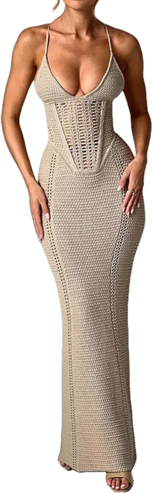 Women's Crochet Knitted Halter Maxi Dress Sexy Hollow Out V-Neck Lace Up Backless Bodycon Beach Holiday Long Dress