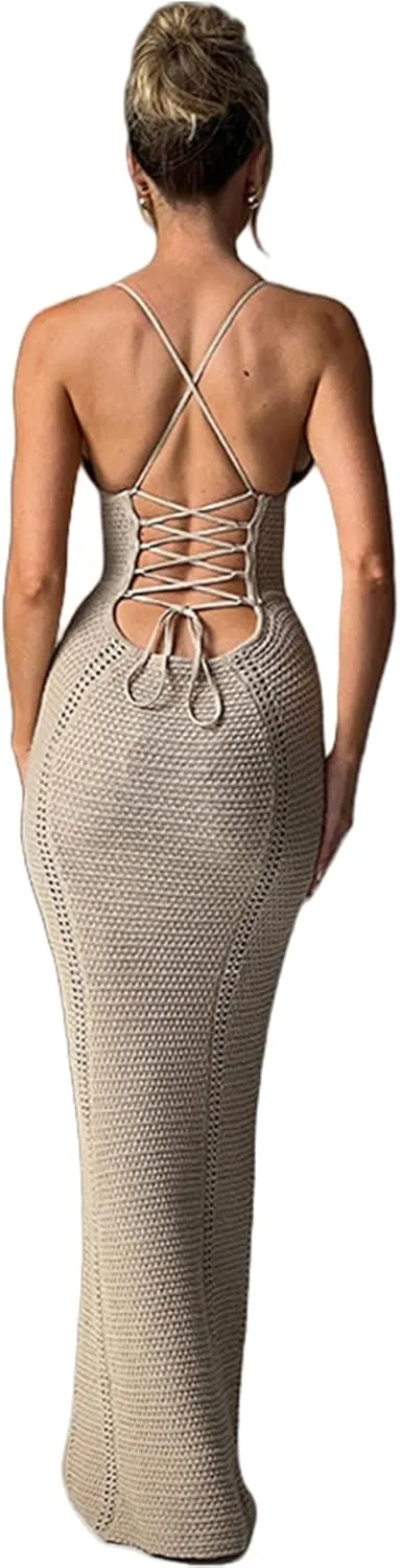 Women's Crochet Knitted Halter Maxi Dress Sexy Hollow Out V-Neck Lace Up Backless Bodycon Beach Holiday Long Dress
