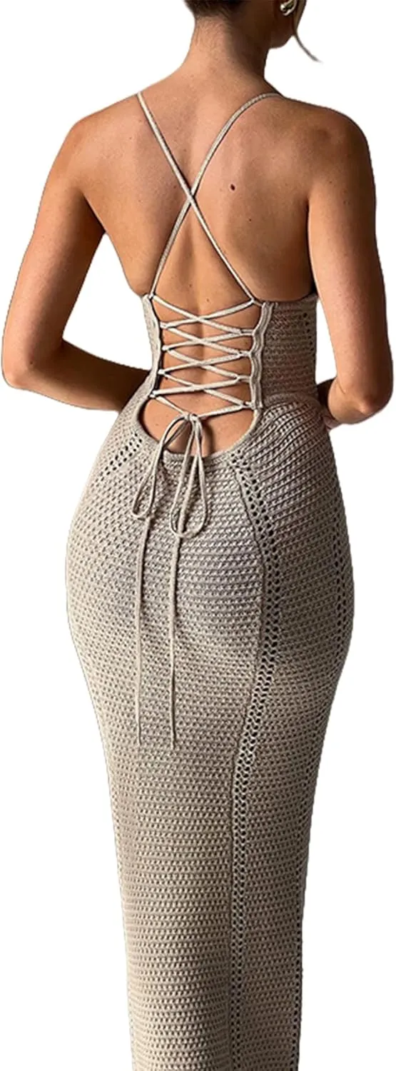 Women's Crochet Knitted Halter Maxi Dress Sexy Hollow Out V-Neck Lace Up Backless Bodycon Beach Holiday Long Dress