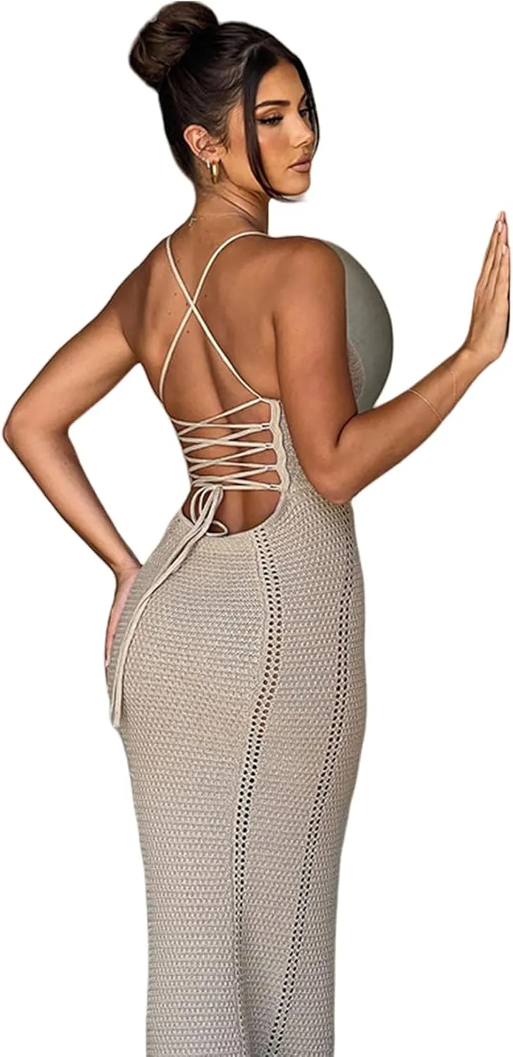 Women's Crochet Knitted Halter Maxi Dress Sexy Hollow Out V-Neck Lace Up Backless Bodycon Beach Holiday Long Dress
