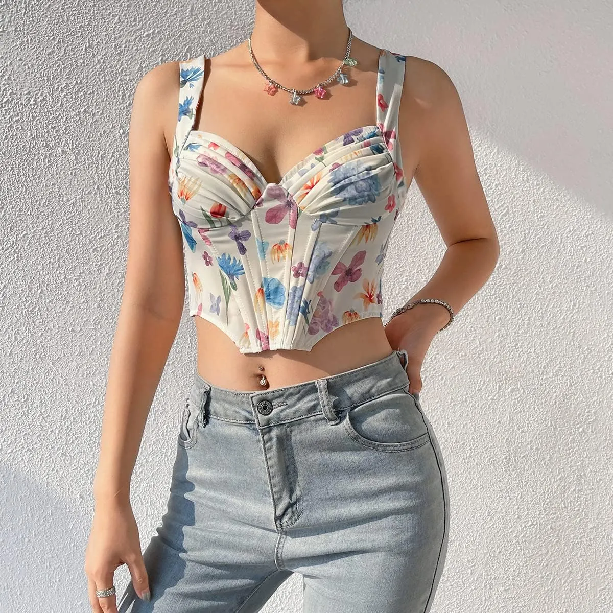 Women's Floral Lace Cami Crop Top Spaghetti Strap Sheer Mesh Corset Bustier Tops Bralette