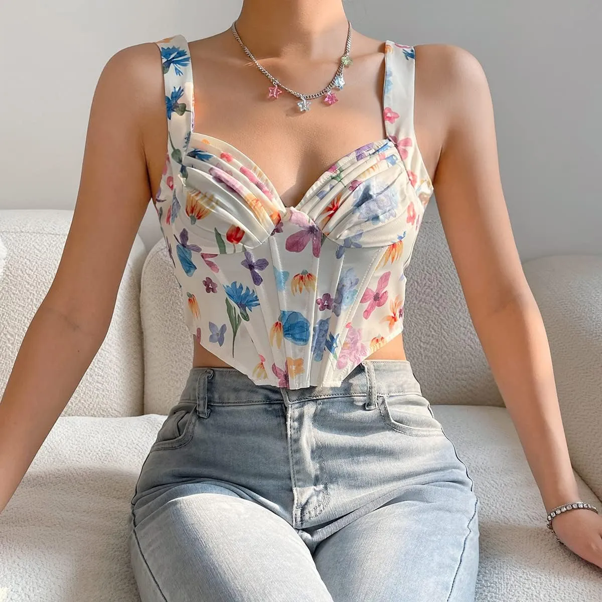 Women's Floral Lace Cami Crop Top Spaghetti Strap Sheer Mesh Corset Bustier Tops Bralette