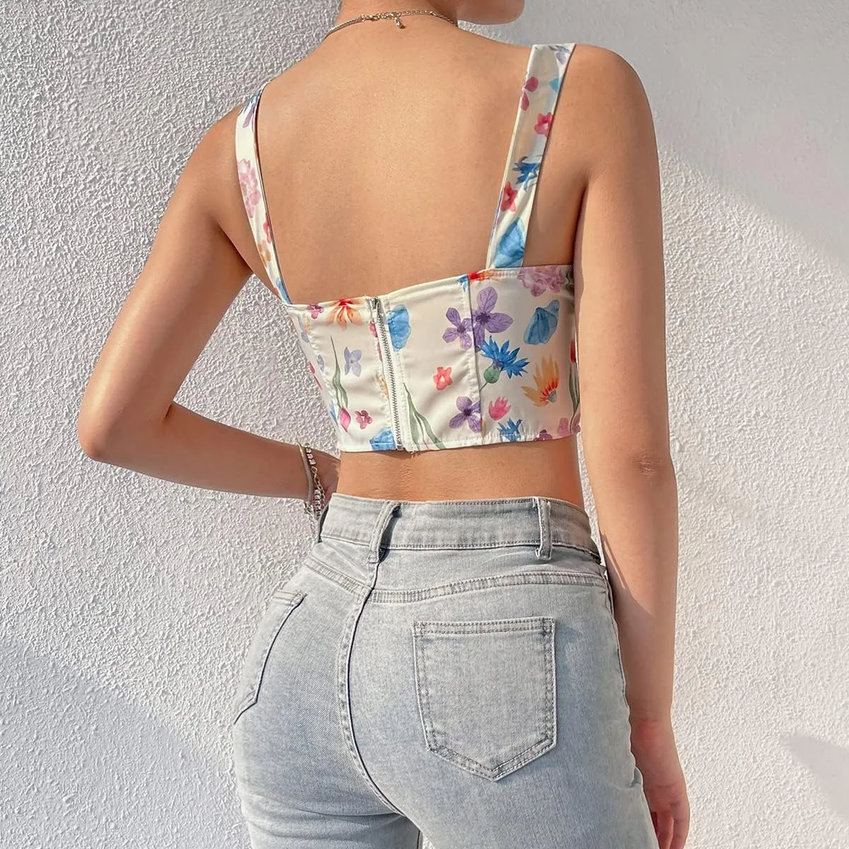 Women's Floral Lace Cami Crop Top Spaghetti Strap Sheer Mesh Corset Bustier Tops Bralette