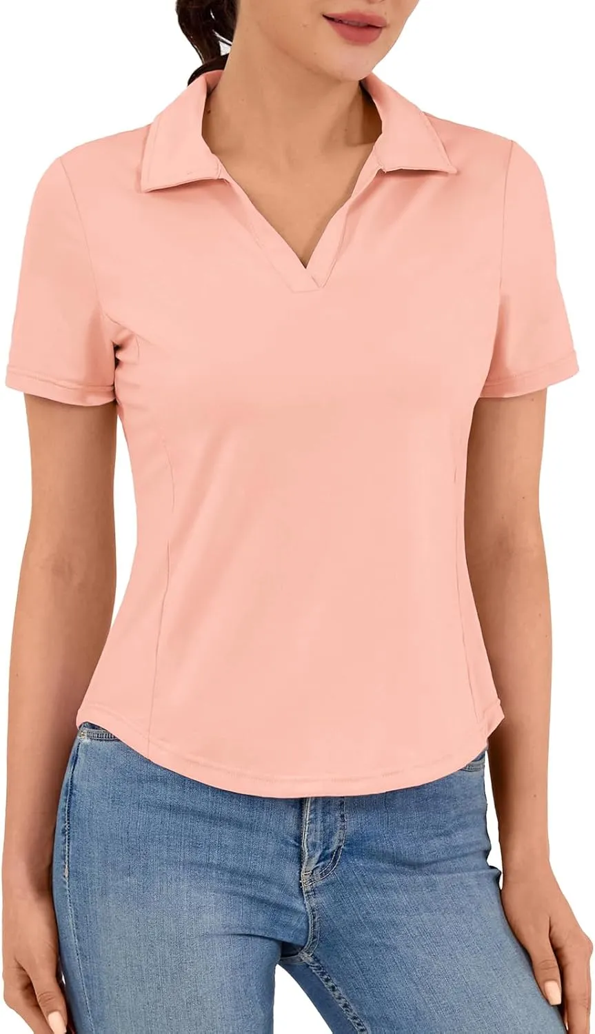 Women's Golf Polo Shirt V Neck Short Sleeve Tennis Shirt Sun Protection Moisture Wicking Athletic Tops