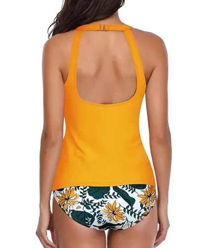 Women's High Neck Backless Tankini Swimsuit Set With Shorts-Yellow Floral