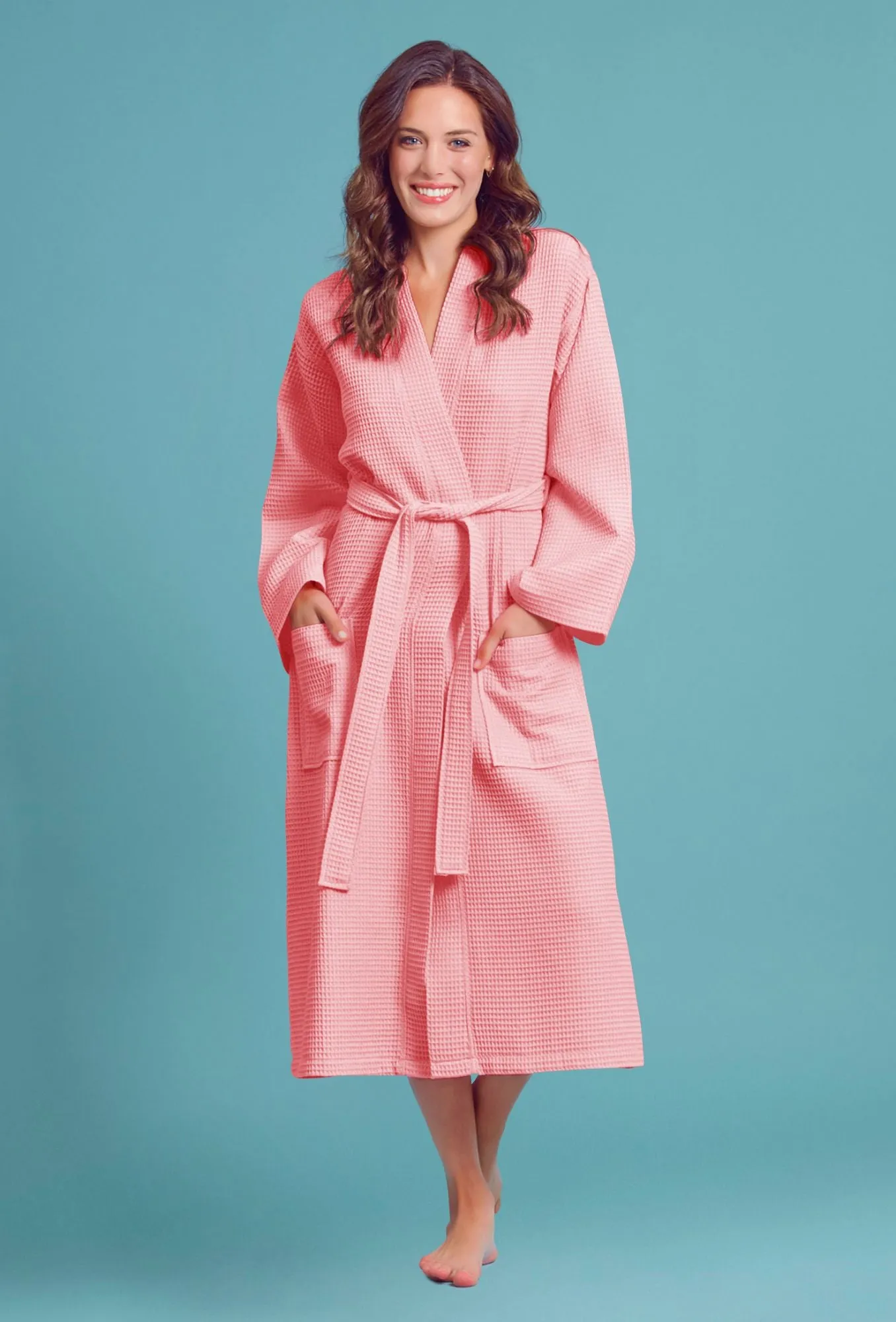 Women's Long Waffle Kimono Blush Robe