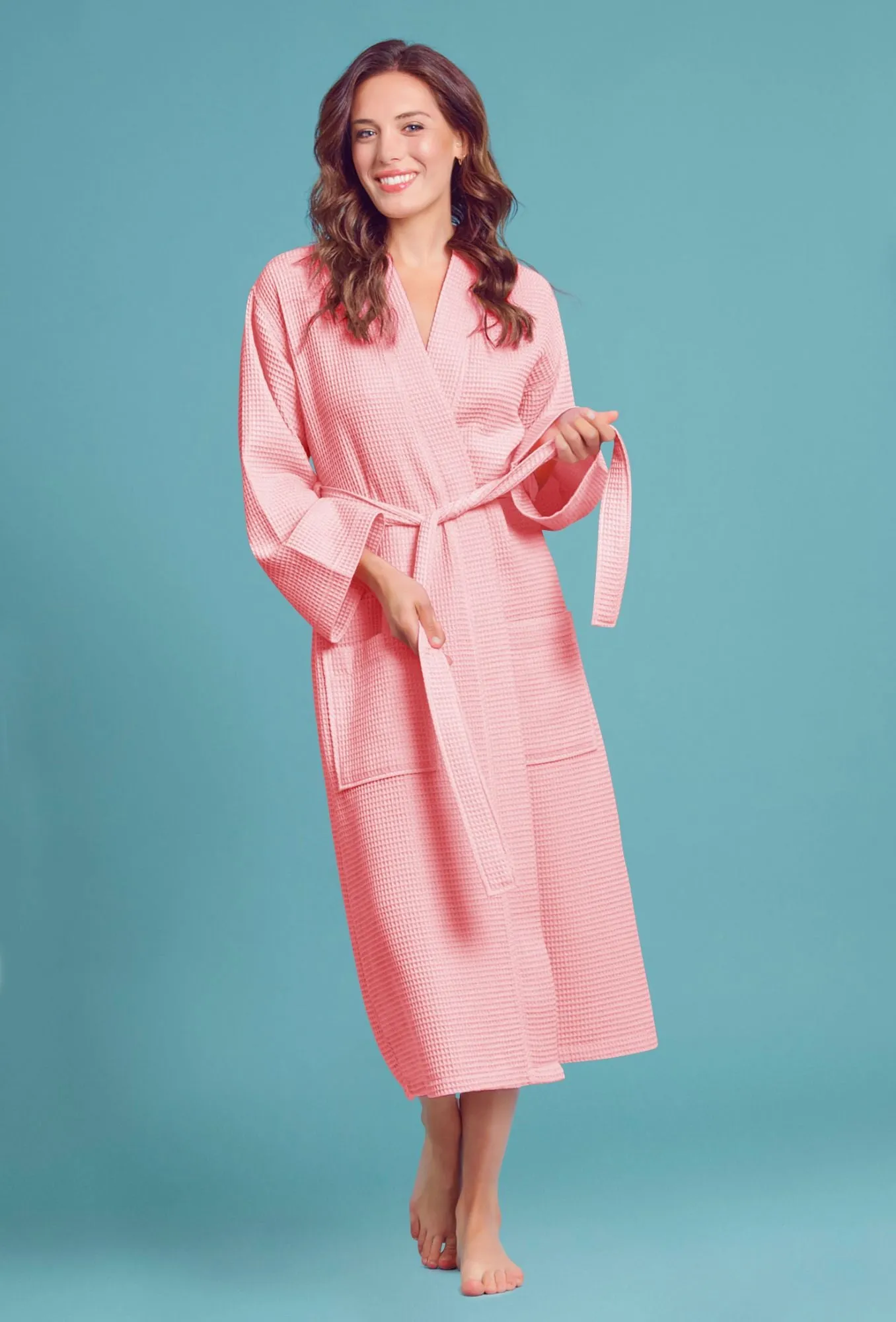 Women's Long Waffle Kimono Blush Robe