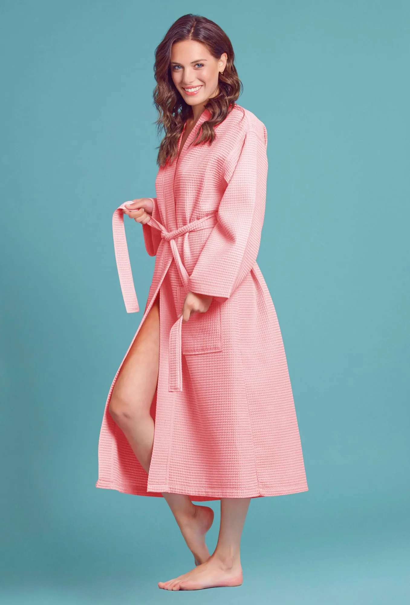 Women's Long Waffle Kimono Blush Robe