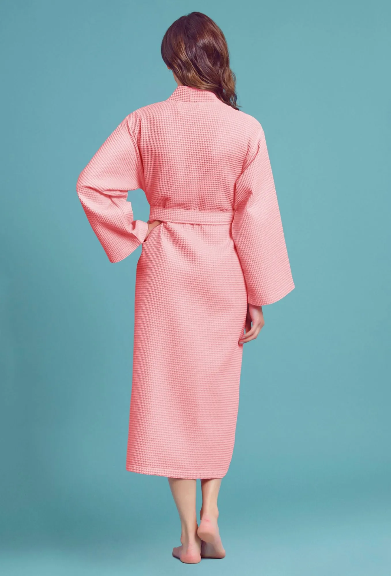 Women's Long Waffle Kimono Blush Robe