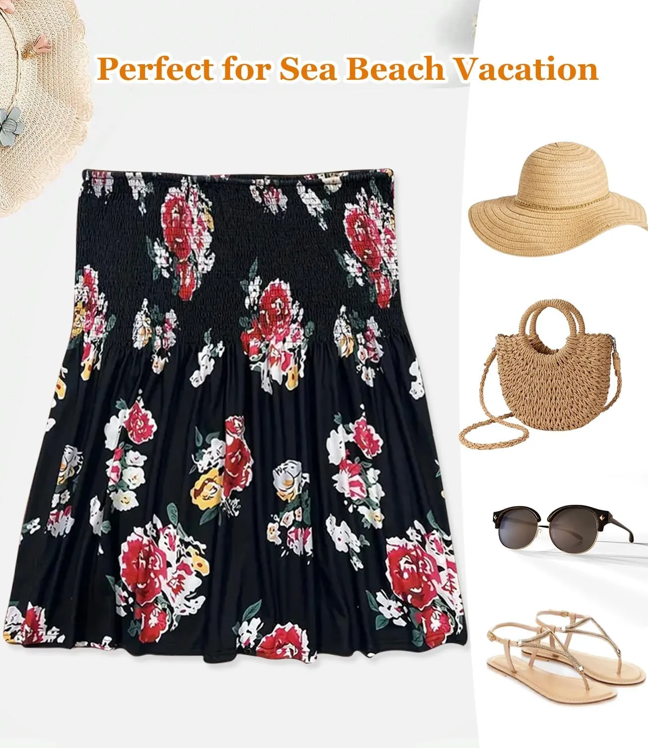 Womens Smocked Strapless Bandeau Tube Tops Floral Ruffled Tank Tops Sleeveless Backless Bandeau Tunic Shirts