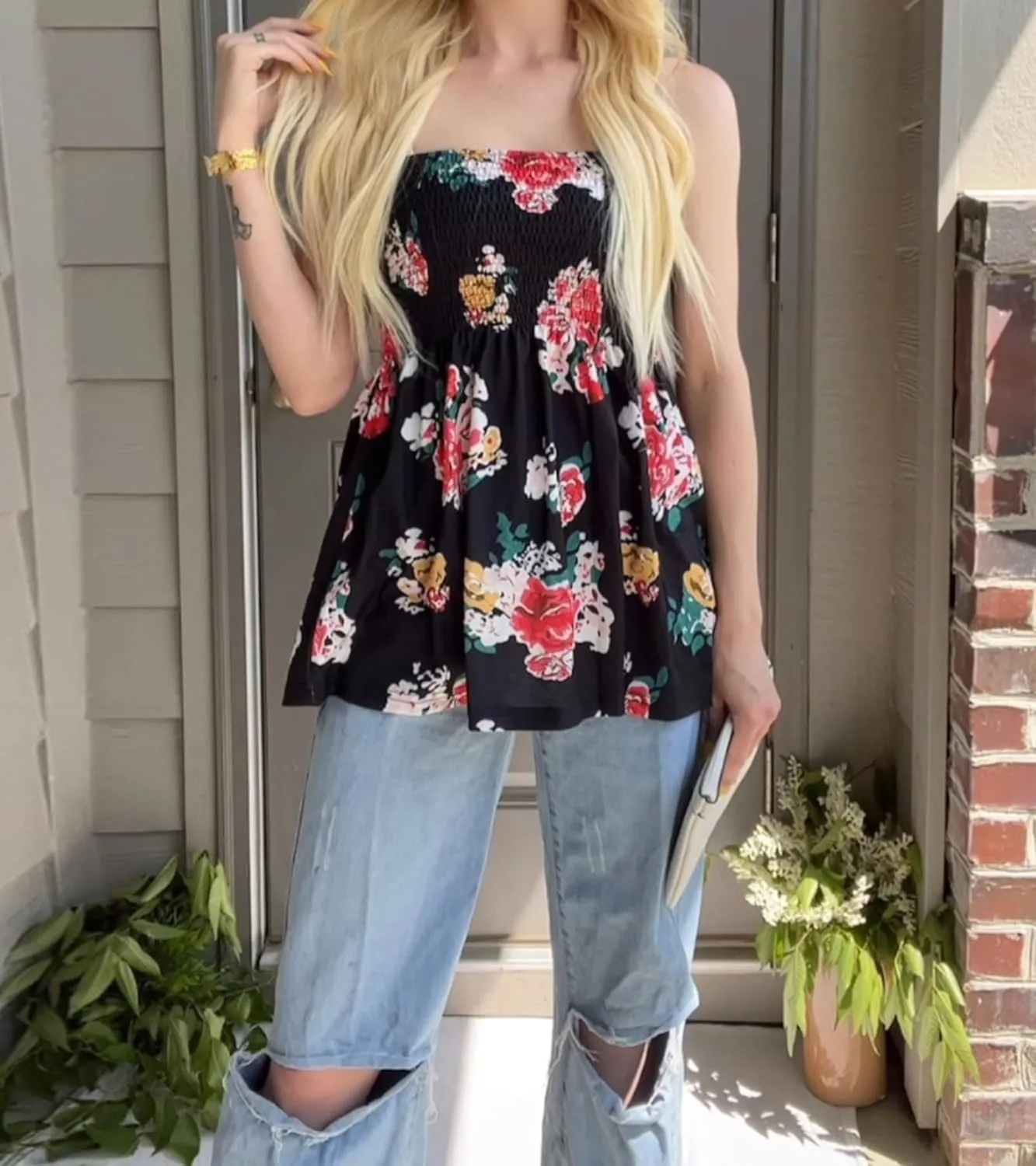 Womens Smocked Strapless Bandeau Tube Tops Floral Ruffled Tank Tops Sleeveless Backless Bandeau Tunic Shirts