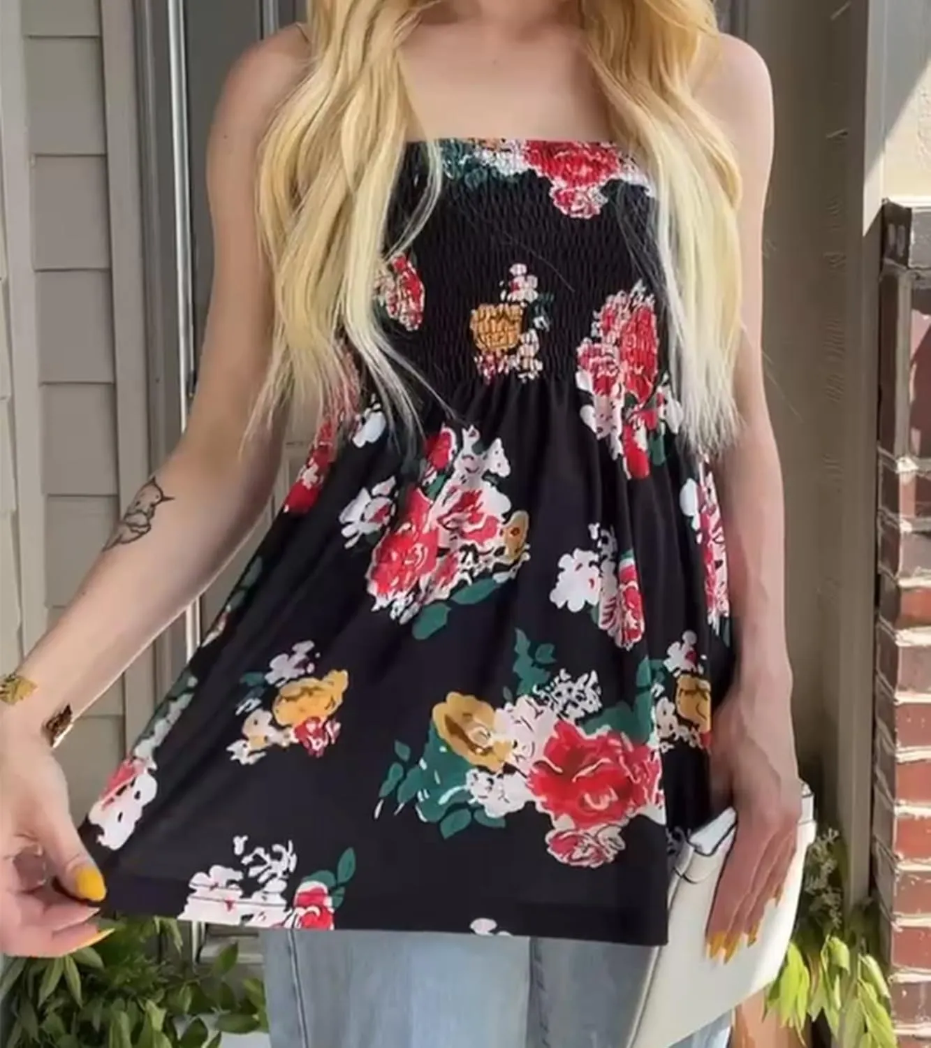 Womens Smocked Strapless Bandeau Tube Tops Floral Ruffled Tank Tops Sleeveless Backless Bandeau Tunic Shirts