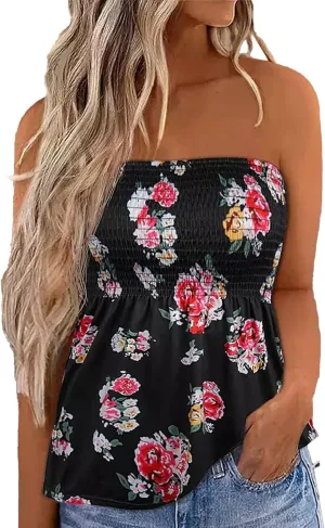 Womens Smocked Strapless Bandeau Tube Tops Floral Ruffled Tank Tops Sleeveless Backless Bandeau Tunic Shirts