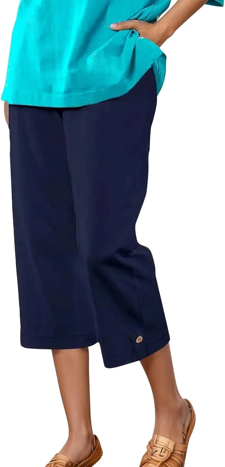 Women's Summer Casual Capri Pants High Waisted Wide Leg Comfortable Soft Knit Mid Length Breathable Workout Yoga