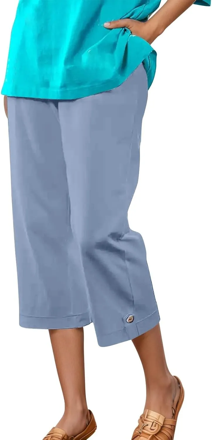 Women's Summer Casual Capri Pants High Waisted Wide Leg Comfortable Soft Knit Mid Length Breathable Workout Yoga