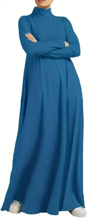 WSPLYSPJY Women Girls High Neck Long Sleeve Abaya Muslim Dress Solid Color Prayer Clothes Islamic Robe