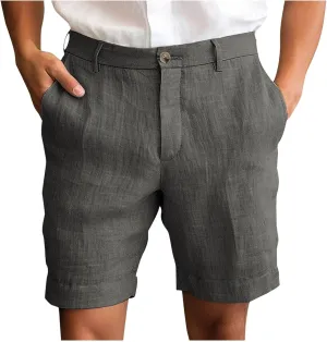Xiaojmake Mens Linen Short Solid Summer Flat Front Casual Bermuda Shorts Button High Waisted Pleated Dress Short with Pockets