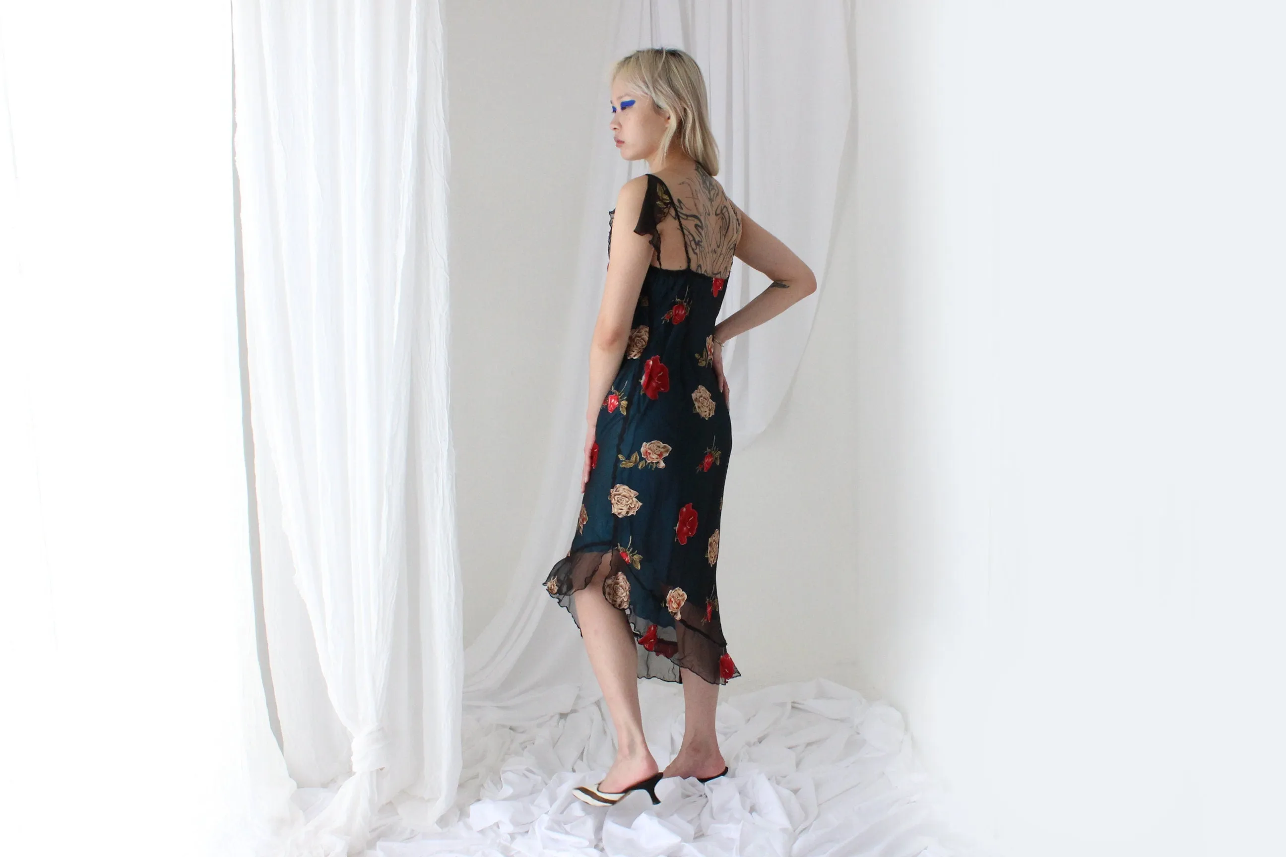 Y2K PURE SILK Asymmetric Slip Dress w/ Satin Roses