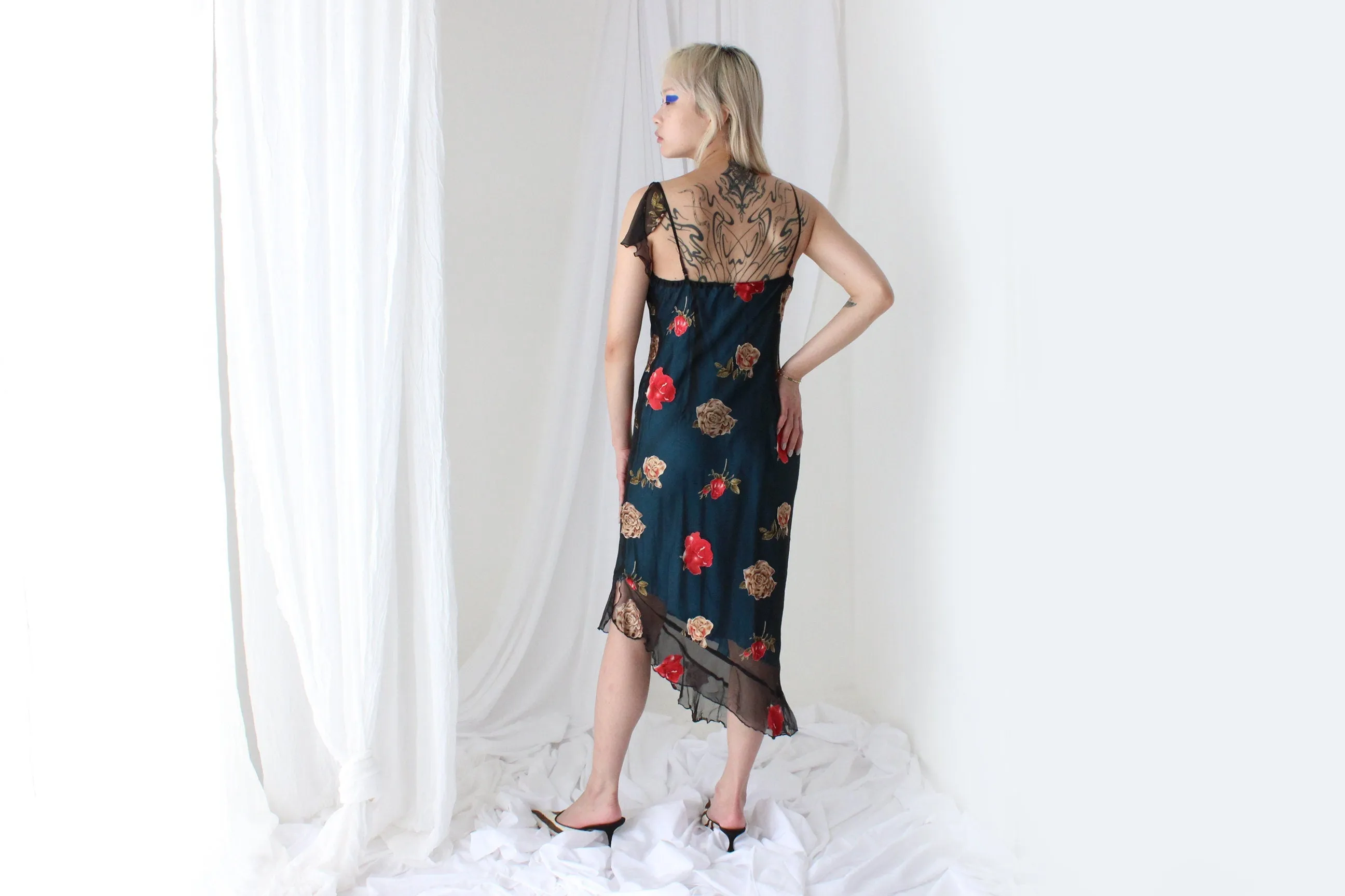 Y2K PURE SILK Asymmetric Slip Dress w/ Satin Roses