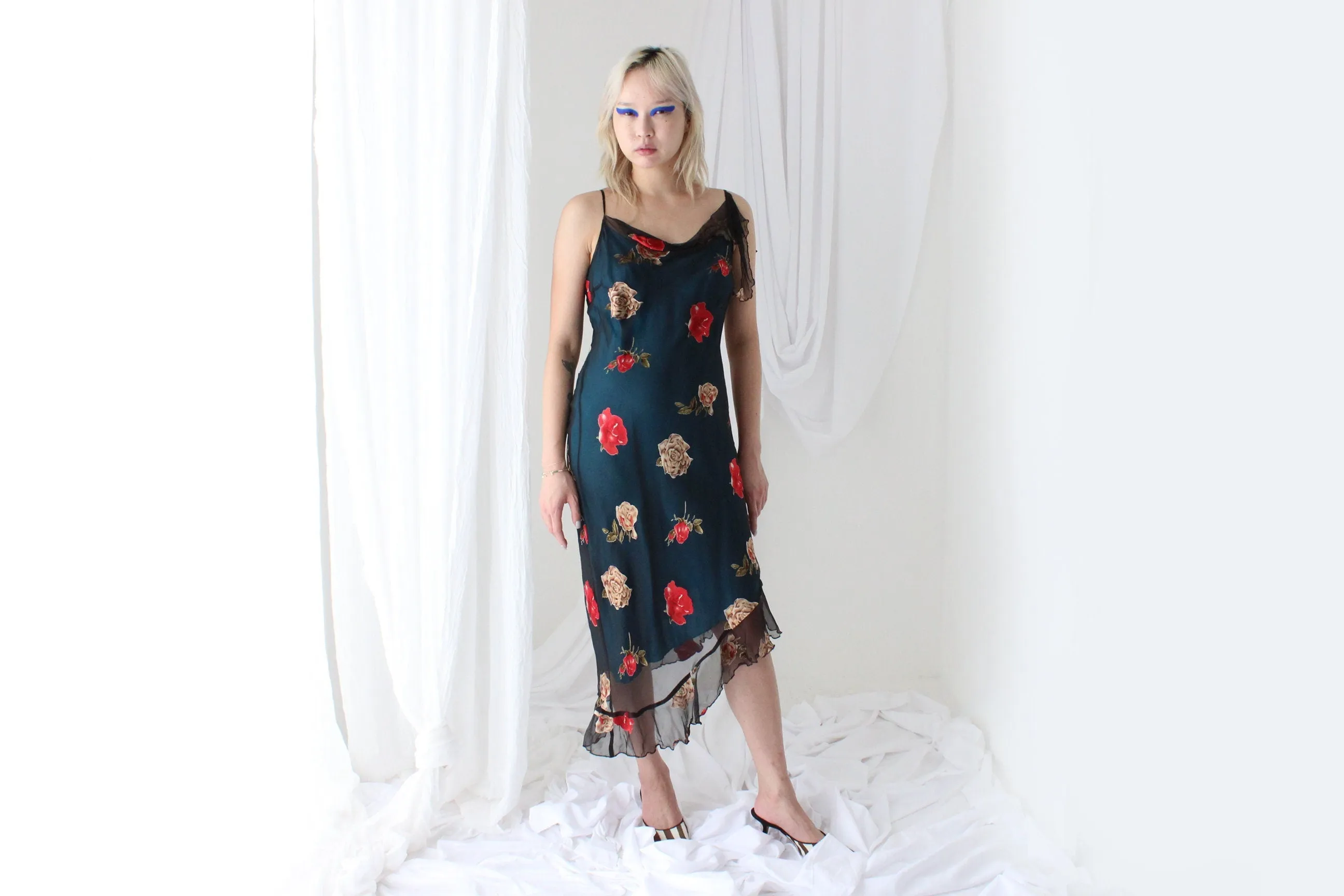 Y2K PURE SILK Asymmetric Slip Dress w/ Satin Roses