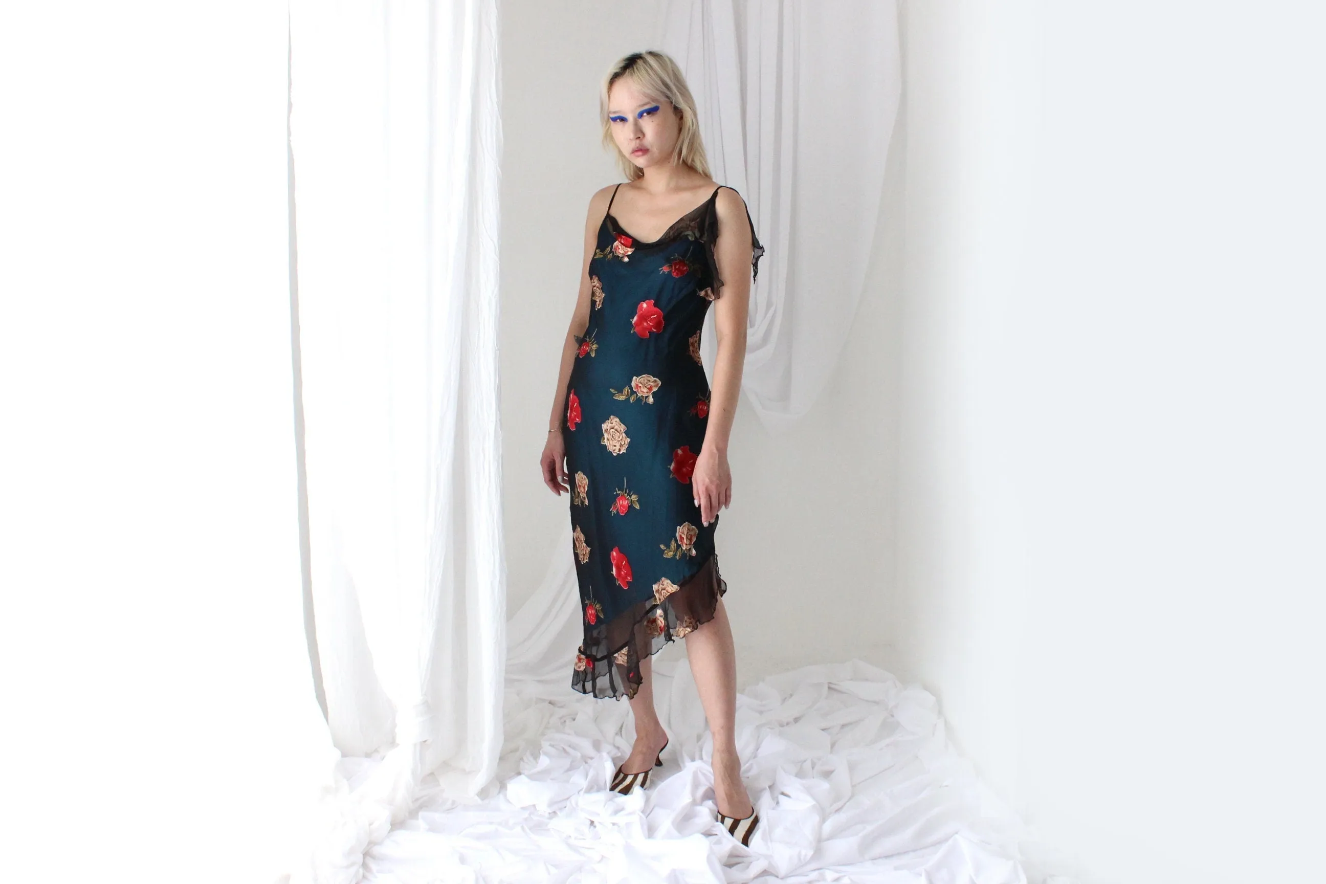 Y2K PURE SILK Asymmetric Slip Dress w/ Satin Roses